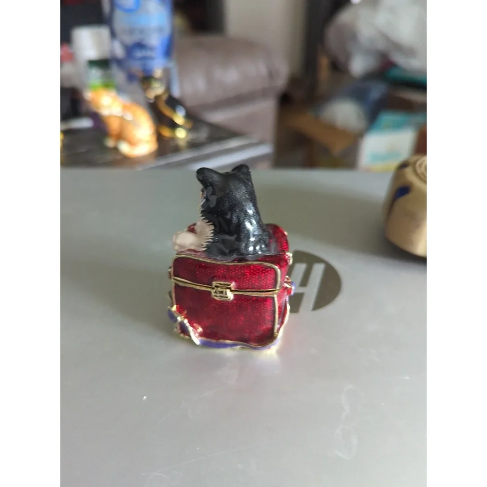 Tuxedo Cat Kitten in Luggage Trinket Box Enameled with Jewel Green Eyes